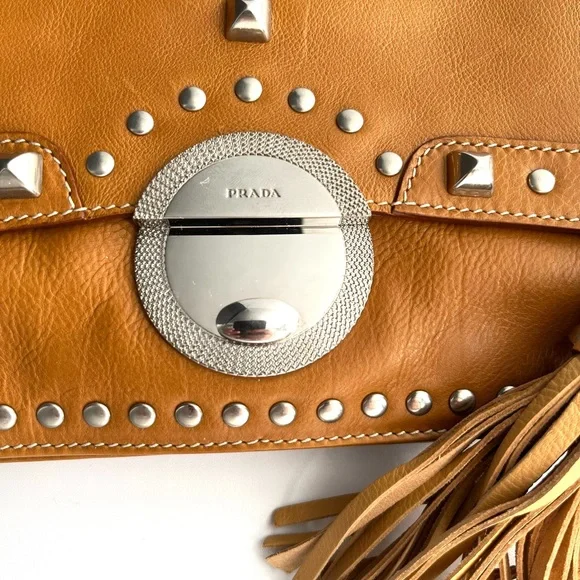 Prada Tan Leather Studded Shoulder Bag - Picture 3 of 13